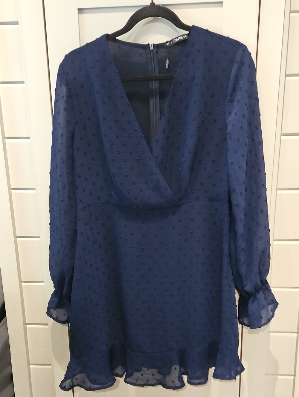 Zaful NWOT Navy Blue Long Sleeve Swiss Dot V-Neck Dress Sz LARGE PTP20 L34